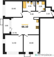 Планировка трехкомнатной(квартира) площадью 66.1 квадратных метров в “ЖК Прокшино”