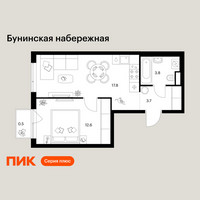 Планировка однокомнатной(квартира) площадью 38.4 квадратных метров в “Бунинская набережная”