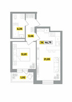Планировка двухкомнатной(квартира) площадью 46.79 квадратных метров в “ЖК Радость (Радумля Парк)”