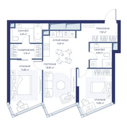 Планировка двухкомнатной(квартира) площадью 71.5 квадратных метров в ЖК “ЖК ХАЙДАУТ”