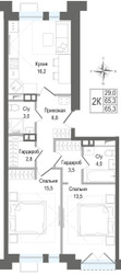 Планировка двухкомнатной(квартира) площадью 65.3 квадратных метров в ЖК “ЖК КИНОКВАРТАЛ”
