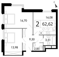 Планировка двухкомнатной(квартира) площадью 62.5 квадратных метров в “ЖК Городские Истории”