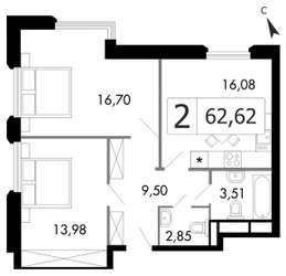 Планировка двухкомнатной(квартира) площадью 62.5 квадратных метров в ЖК “ЖК Городские Истории”