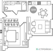 Планировка однокомнатной(апартаменты) площадью 52.9 квадратных метров в “ЖК RED7”