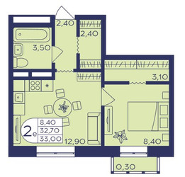 Планировка двухкомнатной(квартира) площадью 33 квадратных метров в ЖК “ЖК Героев”