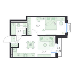 Планировка однокомнатной(квартира) площадью 46.3 квадратных метров в ЖК “ЖК G3 Михалевич”