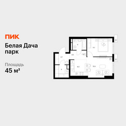 Планировка однокомнатной(квартира) площадью 45 квадратных метров в ЖК “ЖК Белая Дача парк”