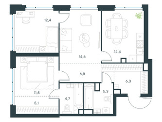 Планировка трехкомнатной(квартира) площадью 81.1 квадратных метров в ЖК “ЖК Левел Мичуринский”