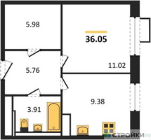 Планировка однокомнатной(квартира) площадью 36.05 квадратных метров в “ЖК Пятницкие луга”