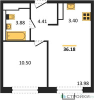 Планировка однокомнатной(квартира) площадью 36.18 квадратных метров в “ЖК Прибрежный Парк”