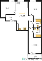 Планировка трехкомнатной(квартира) площадью 74.2 квадратных метров в “ЖК Прокшино”