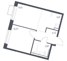 Планировка однокомнатной(квартира) площадью 34.62 квадратных метров в ЖК “ЖК Молжаниново”