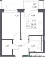 Планировка однокомнатной(квартира) площадью 33.34 квадратных метров в “ЖК Прибрежный Парк”