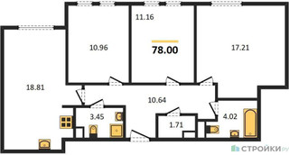 Планировка трехкомнатной(квартира) площадью 78 квадратных метров в “ЖК Равновесие”
