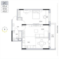 Планировка двухкомнатной(квартира) площадью 61.4 квадратных метров в “ЖК Пироговская Ривьера”