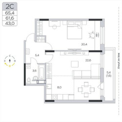 Планировка двухкомнатной(квартира) площадью 61.4 квадратных метров в ЖК “ЖК Пироговская Ривьера”