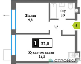 Планировка однокомнатной(квартира) площадью 32 квадратных метров в ЖК “ЖК Никольский квартал Отрада”