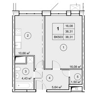 Планировка однокомнатной(квартира) площадью 38.31 квадратных метров в “ЖК Экоград Новый Катуар”