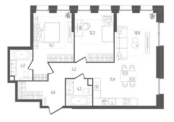 Планировка двухкомнатной(квартира) площадью 76.3 квадратных метров в ЖК “ЖК Pave (Пэйв)”