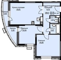 Планировка двухкомнатной(квартира) площадью 62 квадратных метров в “ЖК Соболевка”