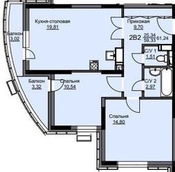 Планировка двухкомнатной(квартира) площадью 62 квадратных метров в ЖК “ЖК Соболевка”