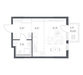 Планировка студии(квартира) площадью 28.44 квадратных метров в ЖК “ЖК Пригород Лесное”