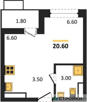 Планировка студии(квартира) площадью 20.6 квадратных метров в “ЖК Родные кварталы”