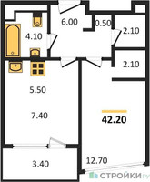 Планировка однокомнатной(квартира) площадью 42.2 квадратных метров в “ЖК ROTTERDAM (Роттердам)”