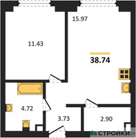 Планировка однокомнатной(квартира) площадью 38.74 квадратных метров в “ЖК "Гранд Фили"”