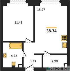Планировка однокомнатной(квартира) площадью 38.74 квадратных метров в ЖК “ЖК "Гранд Фили"”