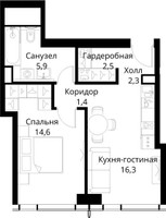 Планировка однокомнатной(квартира) площадью 43 квадратных метров в “ЖК Сити Бэй”