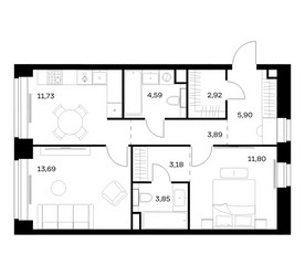 Планировка двухкомнатной(квартира) площадью 61.55 квадратных метров в ЖК “ЖК НОВА”