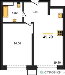 Планировка однокомнатной(квартира) площадью 45.7 квадратных метров в ЖК “ЖК Символ”
