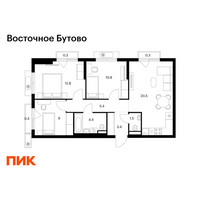 Планировка трехкомнатной(квартира) площадью 68.8 квадратных метров в “ЖК Восточное Бутово”