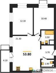 Планировка двухкомнатной(квартира) площадью 53.8 квадратных метров в ЖК “ЖК Союзный”