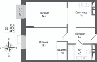 Планировка двухкомнатной(квартира) площадью 44.4 квадратных метров в “ЖК КИНОКВАРТАЛ”