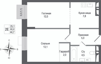 Планировка двухкомнатной(квартира) площадью 44.4 квадратных метров в ЖК “ЖК КИНОКВАРТАЛ”