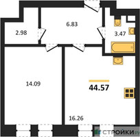 Планировка однокомнатной(квартира) площадью 44.57 квадратных метров в “ЖК Sezar City (Сезар Сити)”