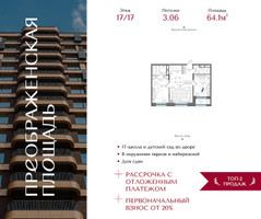 Планировка двухкомнатной(квартира) площадью 64.1 квадратных метров в “ЖК Преображенская Площадь”