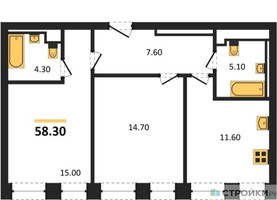 Планировка двухкомнатной(квартира) площадью 58.3 квадратных метров в “ЖК INJOY (Инджой)”