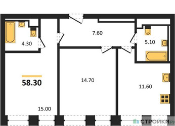 Планировка двухкомнатной(квартира) площадью 58.3 квадратных метров в ЖК “ЖК INJOY (Инджой)”