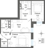 Планировка двухкомнатной(квартира) площадью 64.3 квадратных метров в “ЖК КИНОКВАРТАЛ”
