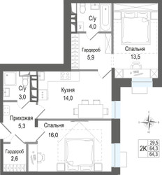 Планировка двухкомнатной(квартира) площадью 64.3 квадратных метров в ЖК “ЖК КИНОКВАРТАЛ”