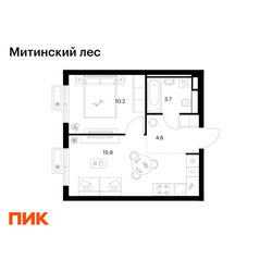 Планировка однокомнатной(квартира) площадью 34.4 квадратных метров в ЖК “ЖК Митинский лес”