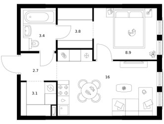 Планировка однокомнатной(квартира) площадью 37.9 квадратных метров в ЖК “ЖК Москворечье”