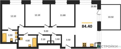 Планировка трехкомнатной(квартира) площадью 84.4 квадратных метров в ЖК “ЖК Shagal (Шагал)”