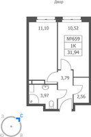 Планировка однокомнатной(апартаменты) площадью 31.94 квадратных метров в “ЖК Волковская 67”