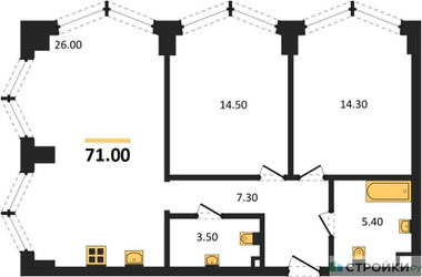 Планировка двухкомнатной(квартира) площадью 71 квадратных метров в ЖК “ЖК ЗИЛАРТ”