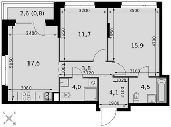 Планировка трехкомнатной(квартира) площадью 62.4 квадратных метров в ЖК “ЖК Симоновский вал”