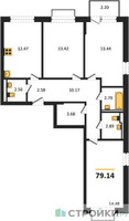 Планировка трехкомнатной(квартира) площадью 79.14 квадратных метров в “ЖК Новое Внуково”